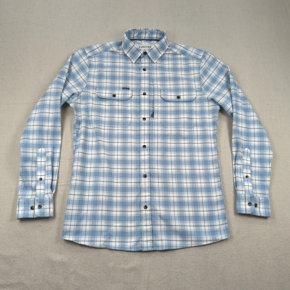 Poncho Shirt Mens Small Blue Slim Flannel Plaid Outdoor Casual